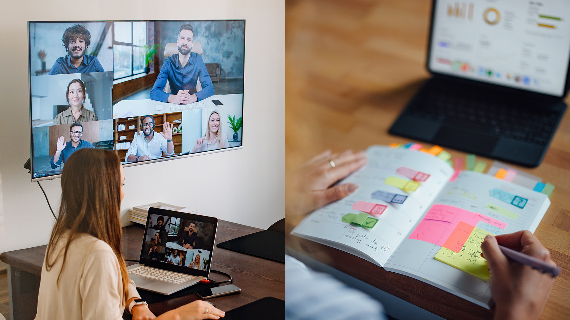 En delad bild. Till vänster syns en kvinna i ett videokonferenssamtal som visas på hennes laptop och en stor skärm. Till höger syns en person som skriver i en kalender, med en laptop i bakgrunden.