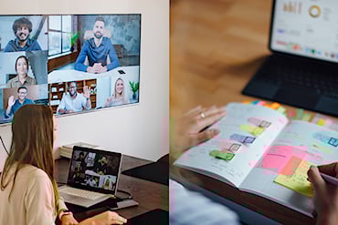 En delad bild. Till vänster syns en kvinna i ett videokonferenssamtal som visas på hennes laptop och en stor skärm. Till höger syns en person som skriver i en kalender, med en laptop i bakgrunden.