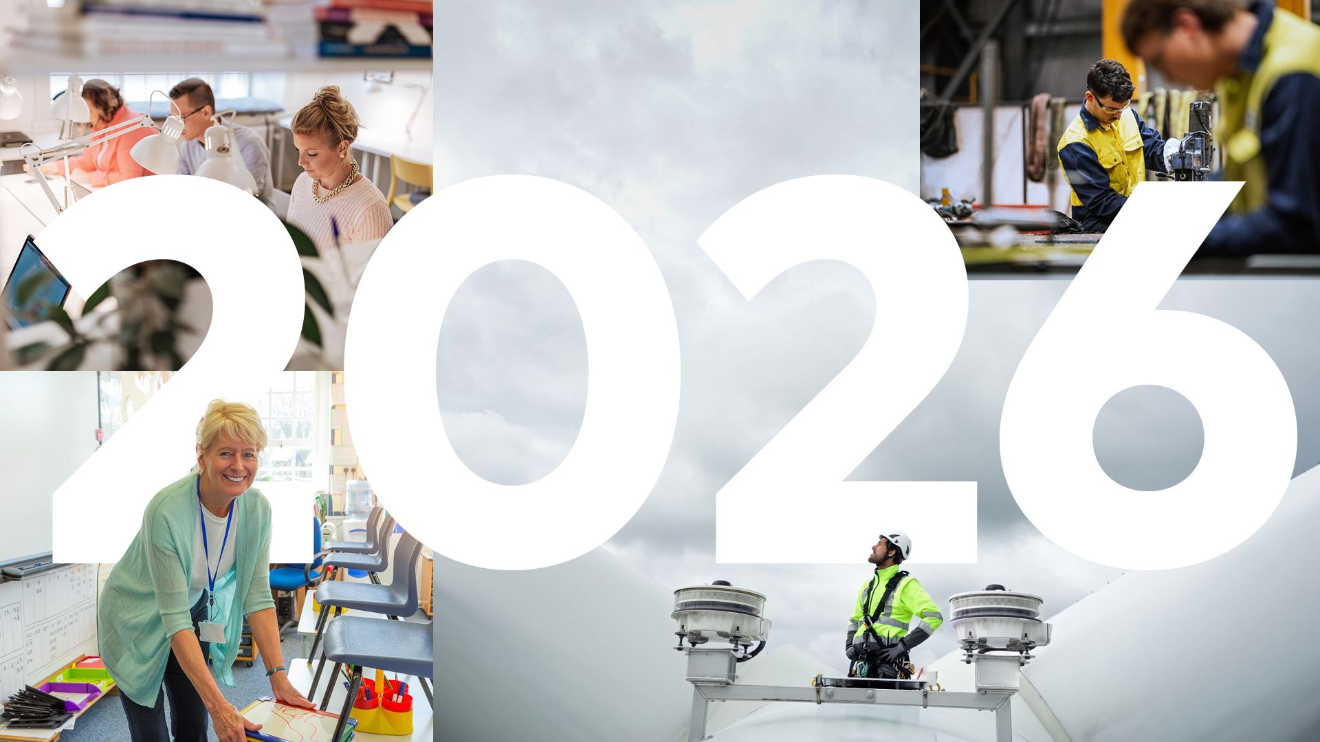 Kollagebild med stora siffrorna “2026” i mitten, omgiven av foton som visar människor i arbete.