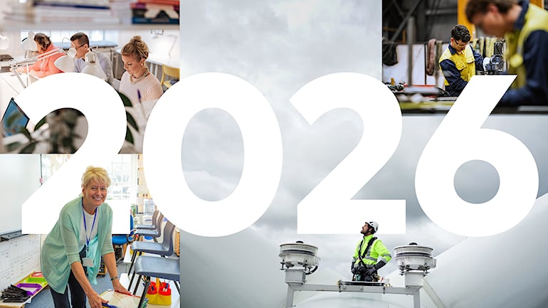 Kollagebild med stora siffrorna “2026” i mitten, omgiven av foton som visar människor i arbete.